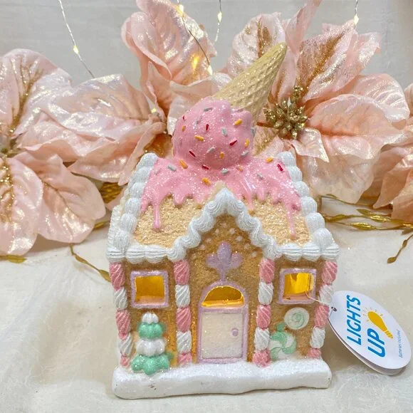 Pastel Holiday Christmas Gingerbread Ice Cream Shop Pink Led Light Up House - Picture 3 of 7